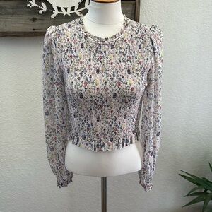 Wilfred Floral Smocked Long-Sleeve Crop Top - White Multicolor Small